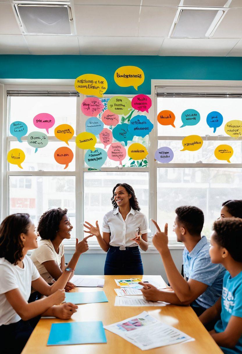 A vibrant classroom filled with diverse students eagerly participating in a language workshop, with colorful speech bubbles showcasing positive phrases, books, and posters on the walls promoting optimistic language. Bright sunlight streams through the windows, creating an inviting atmosphere. The instructor, a charismatic person, uses engaging gestures to convey enthusiasm. super-realistic. vibrant colors. white background.