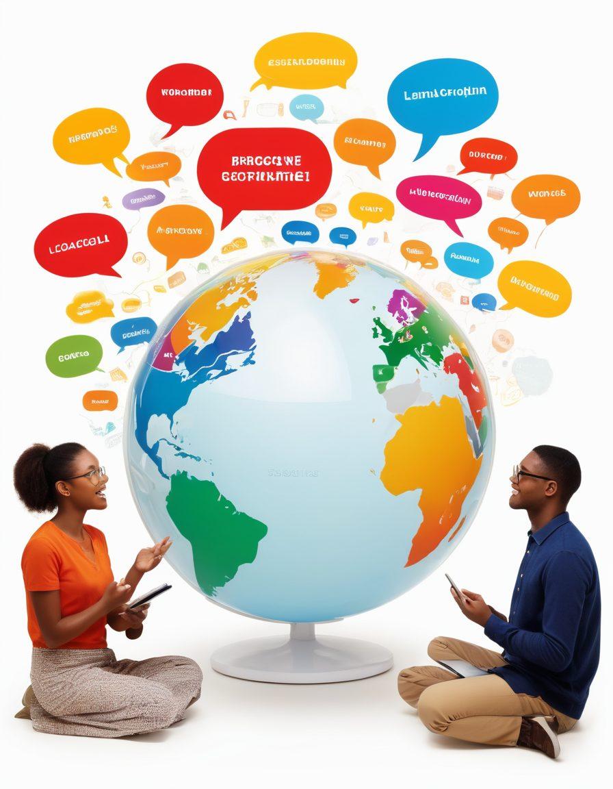 An inspiring scene depicting a diverse group of individuals engaging in language learning activities, surrounded by colorful speech bubbles filled with words and phrases in various languages. Include elements like books, a globe, and digital devices to represent modern learning tools. The setting should be bright and welcoming, highlighting collaboration and growth. super-realistic. vibrant colors. white background.